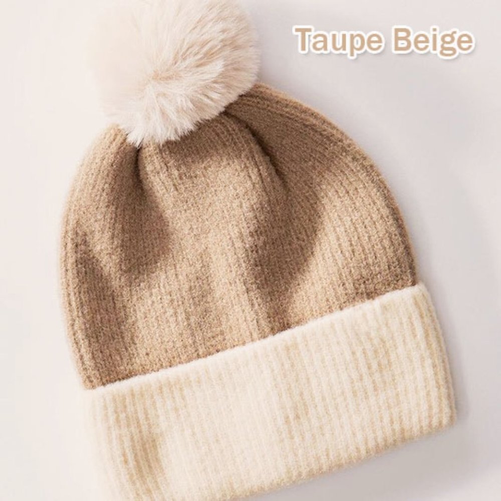 NEW Super Soft Cozy Faux Fur Pom Pom Color Block Rib Knit Beanie Hats Taupe Rust - Picture 4 of 8